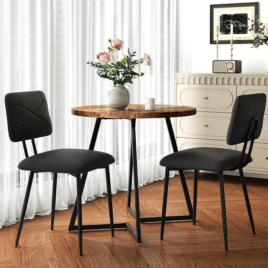 VECELO Dining Chairs Set of 2, Modern Upholstered Kitchen Chairs with Faux Leather Cushion Seat & Metal Legs for Kitchen, Living Room, Tufted Backrest Design, Black