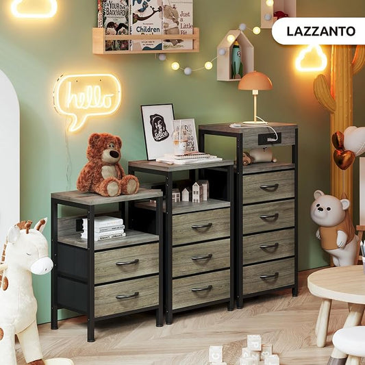 Lazzanto NightStand Bedside Charging Table Bedroom - Night Stand with Charger Station, Modern Nightstand with Open Shelf & 3 Fabric Drawers, End Table with USB-C USB Ports & AC Outlets for Dorm, Grey