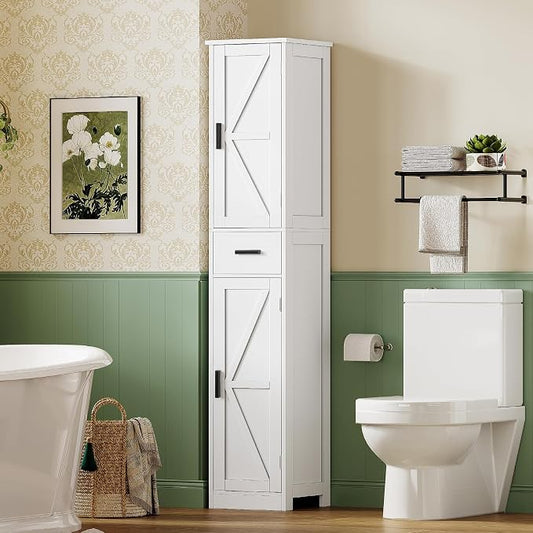 TEENFON 67 Tall Bathroom Cabinet with 6 Shelves & 1 Drawer, Narrow Storage Cabinet with Adjustable Shelves, Silm Cabinet for Living Room, Kitchen, White