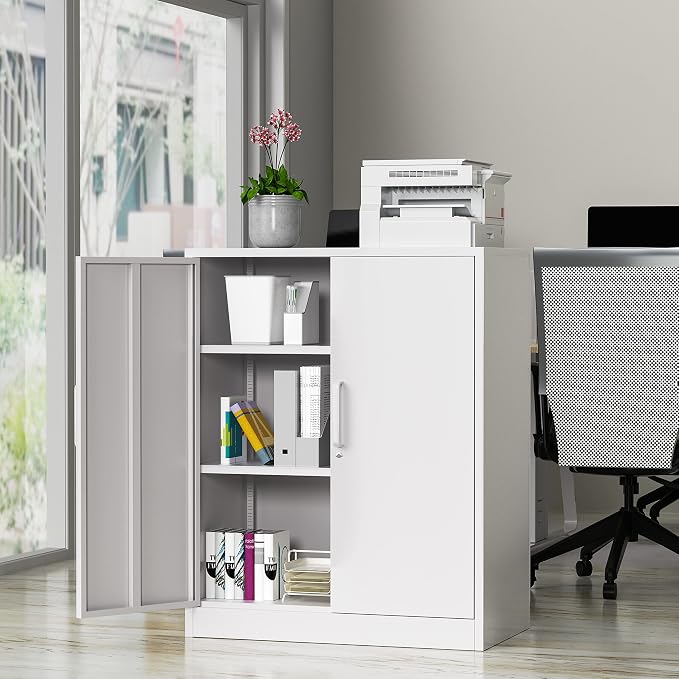 Metal Storage Cabinets with Locking Doors, 36 inch Lockable Steel Office Cabinet with Adjustable Shelves, Small Short Garage Caninet, White Locked Tool Caninets for Home, Office, Garage, Hallway
