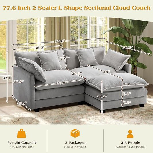 77.6" Modular Sectional Sofa,Loveseat Couch for Living Room, Modern Deep Seat Sofa 2 Seater Chenille Fabric Comfy Cloud Couches with Throw Pillows & Ottoman for Apartment,Small Spaces