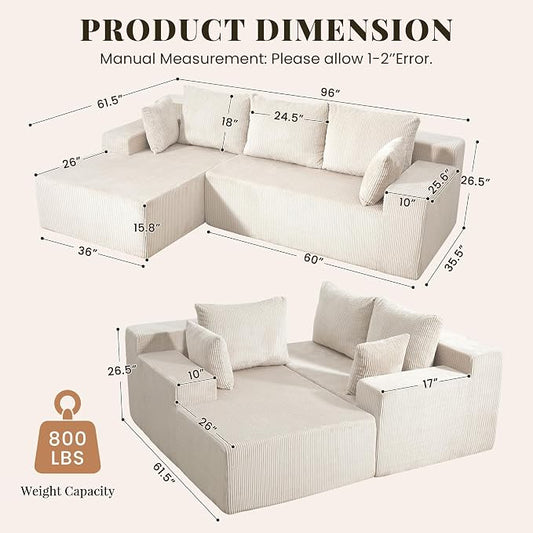 GRUSIGN Cloud Sectional Boneless Couches for Living Room, Modular L Shaped Couch with Deep Seat Oversized Left Facing Chaise, Memory Foam Compressed Spineless 3 Seater Sofa for Apartment, Beige