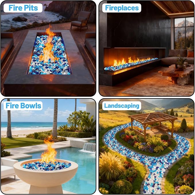 Blended Fire Glass Diamonds for Propane Fire Pit, Fireplace, and Outdoor Decoration,1 Inch Fire Pit Glass Rocks 20-Pound (Crystal Clear+Cobalt Blue+Caribbean Blue)