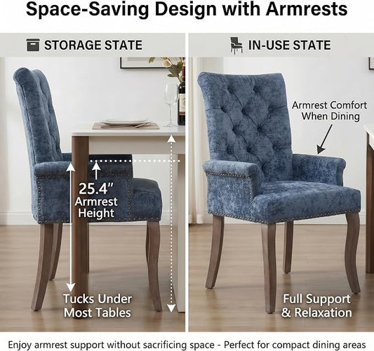 Upholstered Dining Chairs with Arms Set of 2, Blue, 2 Pack | Tufted Chenille Kitchen Chairs with Arms, Modern Farmhouse Armchair with Nailhead Trim for Dining Room, Home Office