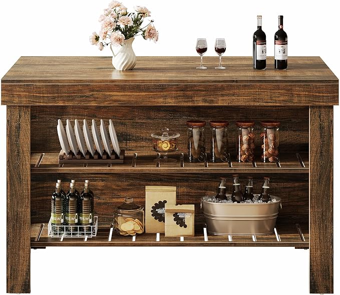 Tribesigns 55.1-Inch Kitchen Island with Seating and Storage, 3-Tier Large Farmhouse Island Table with Large Countertop and Leg Room for Kitchen Dining Room (deep Brown)