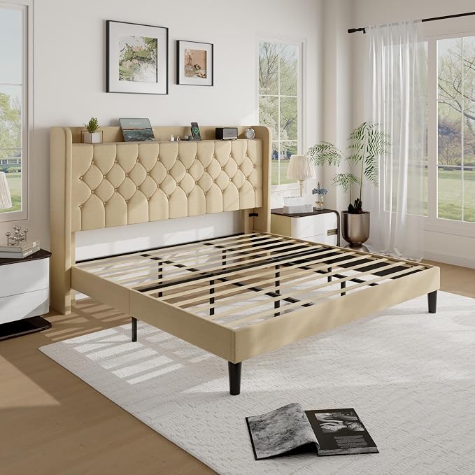 SHA CERLIN King Size Platform Bed Frame with Charging Station, Linen Wingback Headboard with Storage Shelf, Wooden Slats Support, Ample Under-Bed Space, No Box Spring Needed, Easy Assembly, Beige