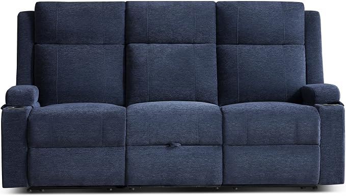 GUEAPY Large Manual Reclining Sofa 3-Seater Chenille Recliner Couch with Cup Holders, Wide Seat, Easy Assembly & Spill-Resistant Fabric Cozy Reclining Sofa for Living Room, Apartment, RV, Blue