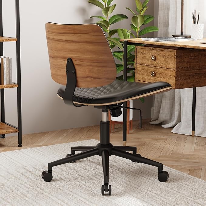 Modern Armless Office Chair with Wheels, Adjustable Swivel Desk Chair with Wide Seat and Tilt Function, Faux Leather Mid Century Task Chair for Home Office, Bedroom, Vanity, Black