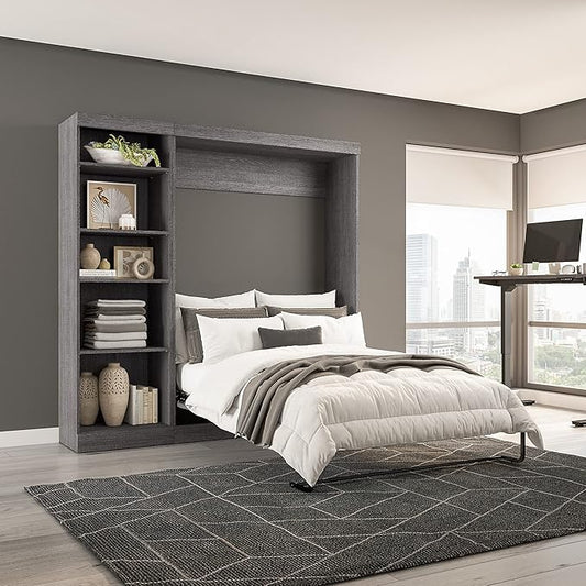 Bestar Pur Full Murphy Bed with Shelving Unit, 84-inch Space-Saving Wall Bed for Multipurpose Room
