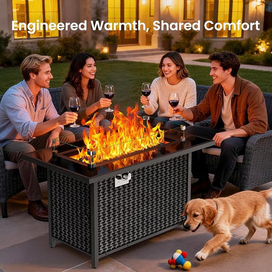 Ciays 43″ Propane Fire Pit with Glass Wind Guard, CSA-Listed 60,000 BTU Outdoor Gas Fire Pit Table, Tempered Glass Top, Glass Rocks,Lid, Adjustable Legs, Fire Table for Patio, Garden & Party, Black