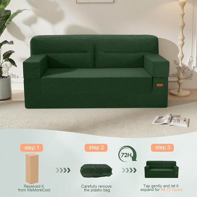 MeMoreCool Queen Sofa Bed, 4-in-1 Pull Out Couch Bed with Wedge Pillow, Boneless Futon Sleeper Loveseat, No Assembly Folding Sofa for Living Room Guest Room, Green Corduroy