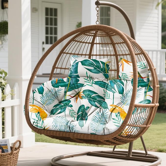 Double Egg Chair Cushion Replacement Waterproof for Outdoor Patio Hanging Basket Egg Chairs, 59x43-Inch Thickened 100% Cotton Large Double Eggs Swing Chair Cushions, Yellow-Green Leaf