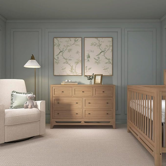 Evolur Bradford 7-Drawer Double Dresser – Nursery & Kids Bedroom Storage Organizer, Pine Wood Baby Changing Dresser, Smooth Glide Drawers - Alpine Oak