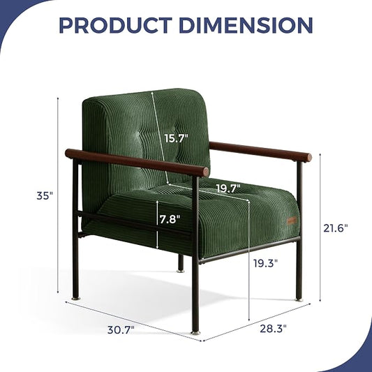 MAXYOYO Living Room Accent Chair, Modern Chair with Sturdy Metal Frame & Wood Armrests, Upholstered Reading Chair with Upholstered Cushion for Bedroom Balcony Porch, Dark Green