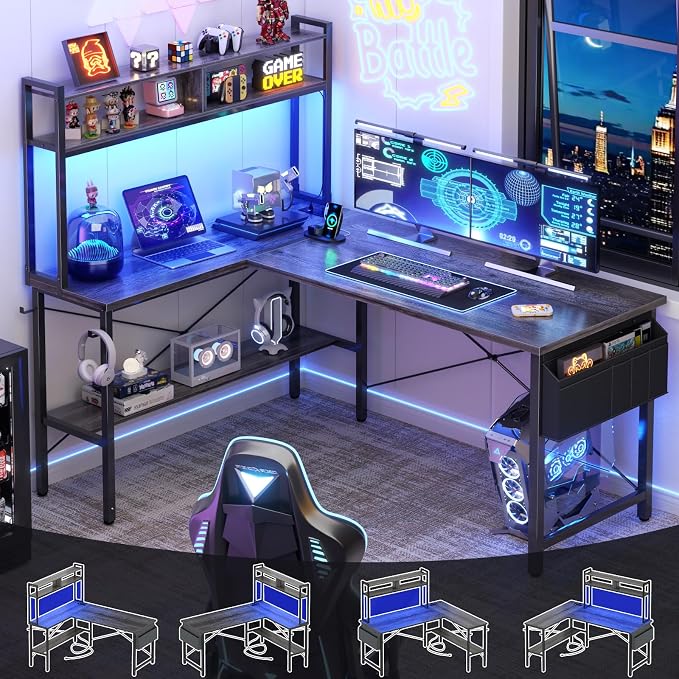 Aheaplus L Shaped Desk Gaming Desk, 59" L Shaped Computer Desk with LED Light & Power Outlet, Reversible Home Office Desk Gamer Desks with Shelves & Storage Bag & Hooks, Corner PC Desk, Black Oak