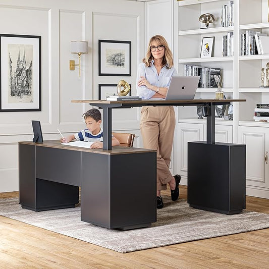 FEZIBO L Shaped Standing Desk, 63 inch Executive Standing Desk, Adjustable Height Desk with Storage Drawers for Home Office, Deep Wood Grainy