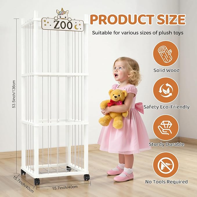 Stuffed Animal Storage Zoo Tower,56In Wooden Large Stuffed Animal Holder Organizer with Wheels,Stuffy Plushies Storage with Elastic Band&Mesh Bottom,Toy Storage Organizers for Playroom Nursery(White)