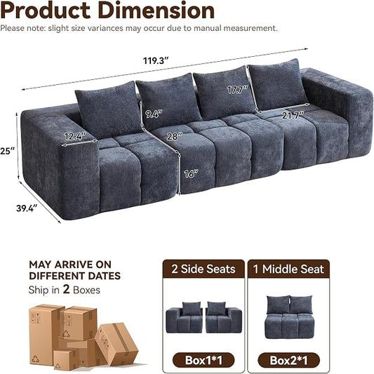 119" Oversized 3 Seater Boneless Couch, Comfy Cloud Modular Sectional Sofa with Deep Seat, Modern Memory Foam Boneless Couches for Living Room, Tufted Sofa, No Assembly Required, Blue