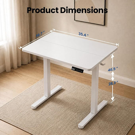 35" x 20" Electric Standing Desk, Compact Height Adjustable Desk for Small Spaces, Small Ergonomic Sit Stand Workstation for Home Office Bedroom Apartment (White)