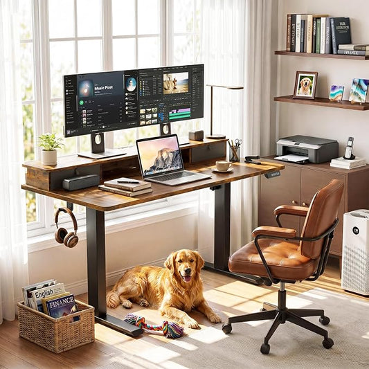Veken 55x26 in Electric Standing Desk with Drawers, Adjustable Table, Brown | Stand up Computer Desk for Home Office, Work & Study, with Storage, 3 Memory Presets, Cable Organizer, Hook, and Quiet Lift.