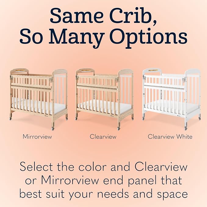 Foundations Serenity SafeReach Mirrorview Crib with Access Gate, Natural, Adjustable Mattress Board, Compact Wooden Baby Crib, Mirrored End Panels, Includes 3” Foam Mattress