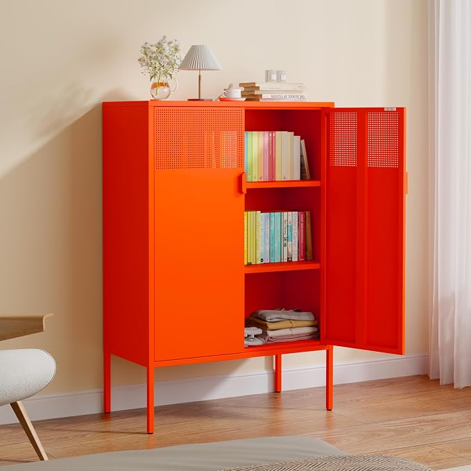 47''H Orange Metal Storage Cabinet, Metal TV Stand with 2 Adjustable Shelves, 3-Tier Metal Locker with Vent Hole, Storage Cabinets for Entryway, Home Office, Music Studio, Home Office