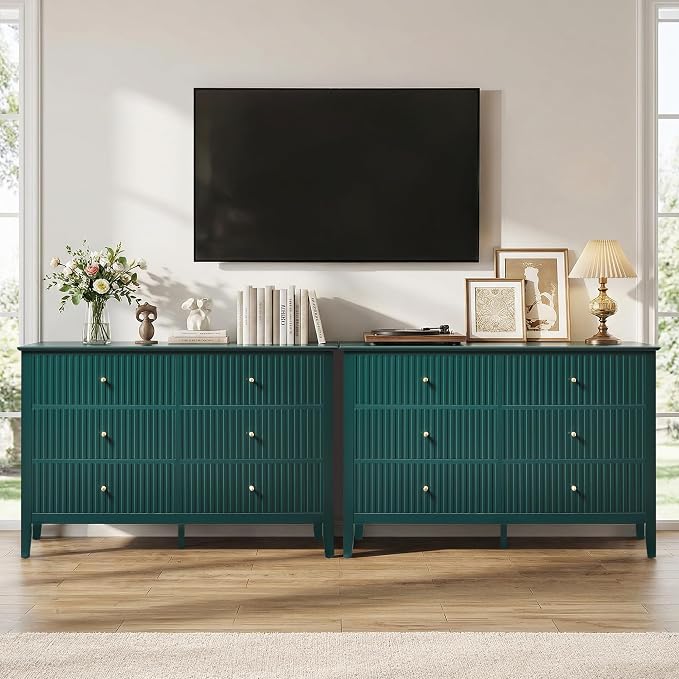 RoyalCraft 6 Drawer Dresser, Fluted Modern Wood Chest of Drawers, Long Dresser for Bedroom TV Stand Storage Cabinet for Living Room, Green