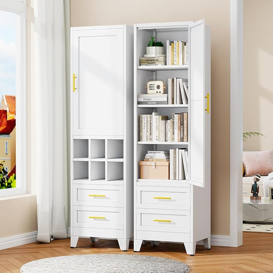 Metal Tall Narrow Storage Cabinet,Freestanding Floor Cabinet with 2 Drawers and 3 Adjustable Shelves,Pantry Storage Cabinets for Bathroom,Living Room,Entryway and Kitchen,White