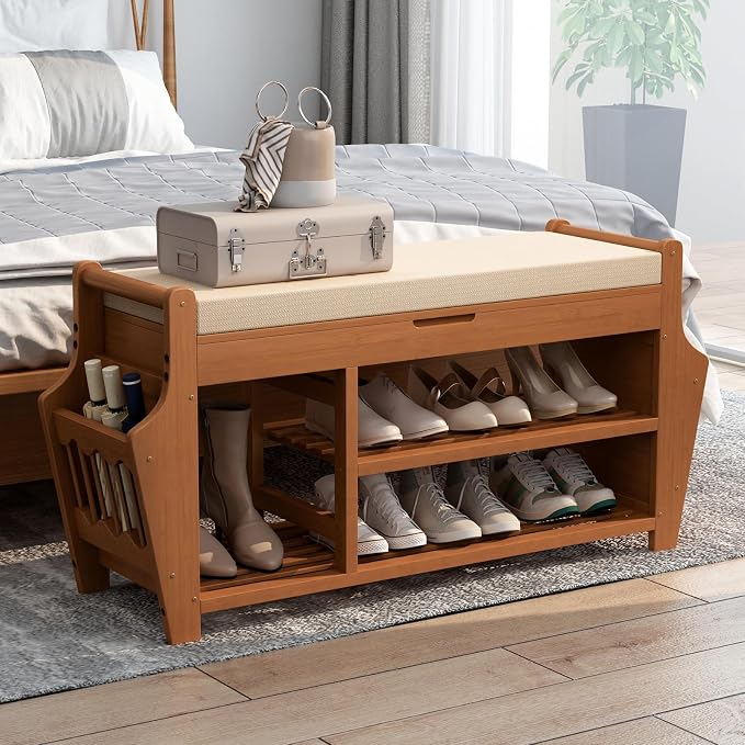 oakvivo 47.2in Shoe Bench Entryway - Bamboo Shoe Rack Bench with Storage, Shoe Rack Organizer with Cushion, 2 Side Holder, Holds Up tp 330lbs for Front Door Entrance, Living Room