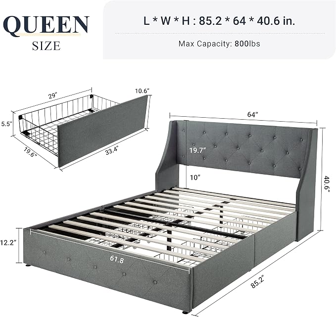 Allewie Queen Bed Frame with 4 Storage Drawers and Wingback Headboard, Button Tufted Design, No Box Spring Needed, Light Grey