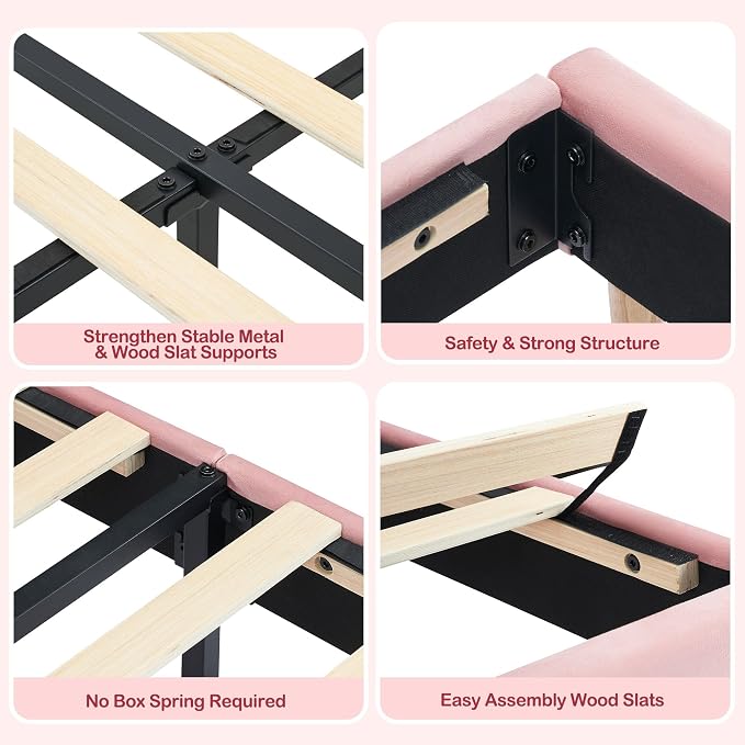 IDEALHOUSE Full Bed Frames, Upholstered Platform Bed Frame with Bookcase Headboard, Velvet Platform Bed Mattress Foundation, Heavy Duty Steel Support Legs, Easy Assembly, Noise Free, Light Pink