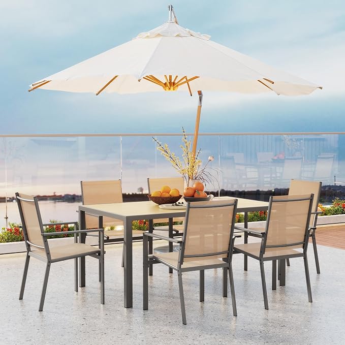 Ahomly Patio Table and Chairs Set for 6, Outdoor Dining Set Includes 59.5" Rectangle Patio Table with Side Umbrella Hole and 6 Textilene Fabric Patio Chairs for Backyard, Courtyard, Poolside, Brown