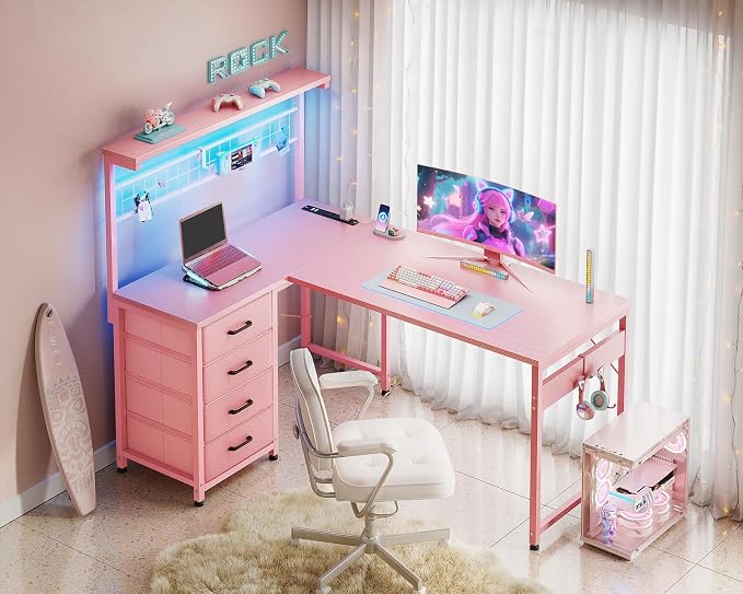 MOTPK L Shaped Gaming Desk with Drawers & LED Light & Power Outlet, 43" Reversible Computer Table with Shelves & Hooks for Home Office, Carbon Fiber Pink