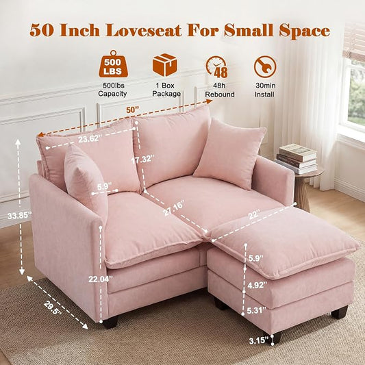 50'' L-Shape Loveseat Sofa with 22" Ottoman, 2 Seat Modern Cloud Couch with 2 Washable Pillows for Small Space Apartment Office Living Room Bedroom, Pink