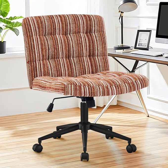 Furnimart 360° Swivel Criss Cross Desk Chair Extra-Thick Cushion, Premium Chenille Cross Legged Chair with Wide Seat & Wheels, Comfy Armless Home Office Chair for Bedroom, Vanity, Sturdy (Dark Brown)