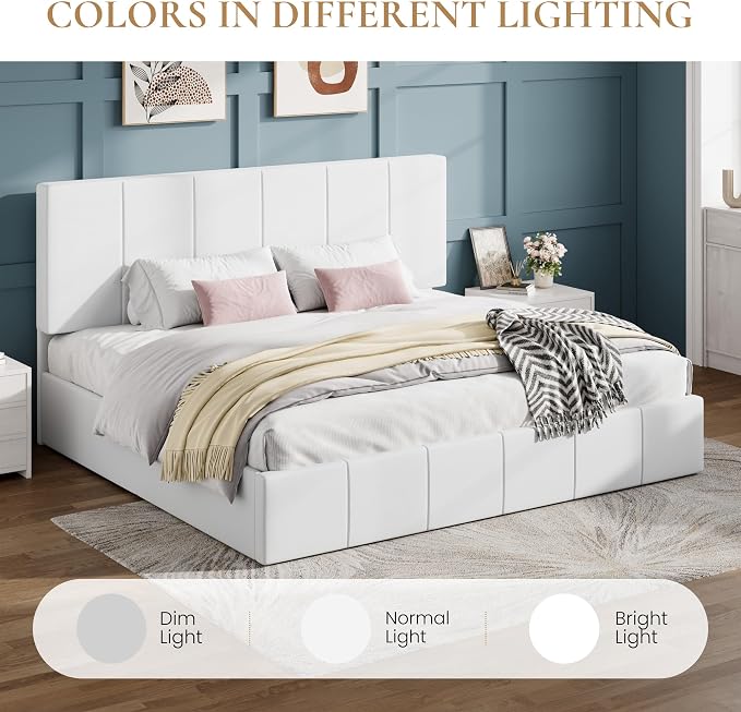 SHA CERLIN King Size Bed Frame, Velvet Upholstered Platform Bed, Vertical Channel Tufted Adjustable Headboard, Low Profile Bed Frame, No Box Spring Needed, Easy Assembly, White