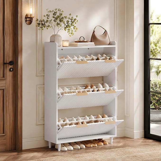 VINGLI White Fluted Shoe Storage Cabinet for Entryway with 3 Flip Drawers, Narrow Shoe Organizer with Fluted Panel, Modern Freestanding Wood Shoe Cabinet for Foyer, Hallway (White, 3 Flip Drawers)