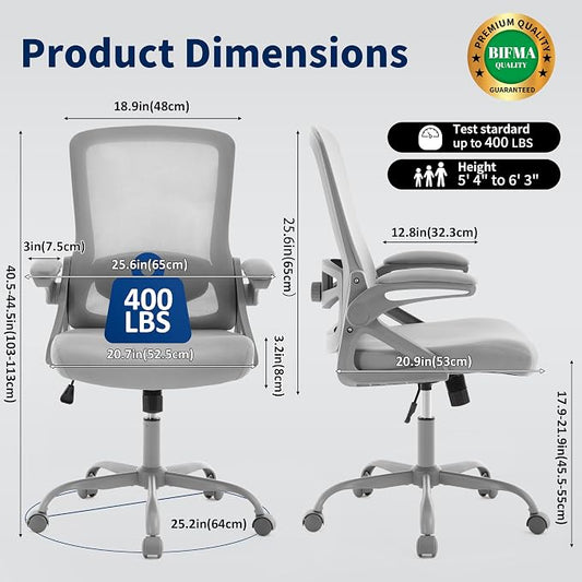 Ergonomic Office Chair, Desk Chair with Adjustable Lumbar Support, Breathable Mesh Comfy Computer Chairs with Flip-up Armrests Executive Task Chair for Adults Home Office (Gray)