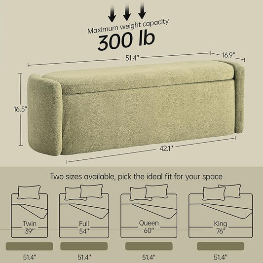 VKNOW 51" Storage Ottoman Bench, Upholstered End of Bed Bench with Smooth Hinges, Oval Large Ottoman Bench for Bedroom, Living Room and Hallway Entryway, Light Green
