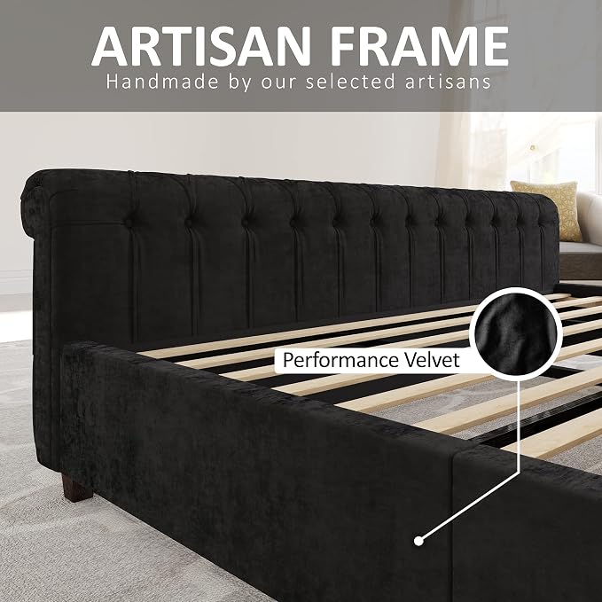 AMERLIFE Queen Size Platform Bed Frame, Velvet Upholstered Sleigh Bed with Scroll Wingback Headboard Footboard/Button Tufted/No Box Spring Required/Easy Assembly/Black