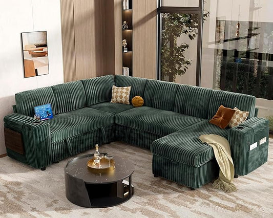 Vipbear 111" Modular Sectional Sleeper Sofa with Pull Out Bed, 7 Seat Plush Corduroy L Shaped Couch with Storage Chaise|USB Ports|Cup Holders|Side Table|Storage Armrests, Tool Free Assembly, Green