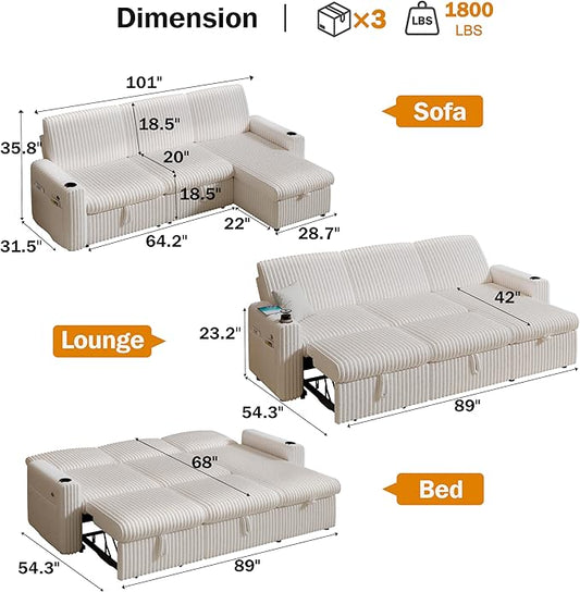 Vipbear 101" Sectional Sleeper Sofa with Pull Out Bed,5-Level Adjustable Backrest,3 Seat Modular Couch with Storage,Tool Free Assembly,USB & Cup Holders, Corduroy Sofa for Living Room,Beige