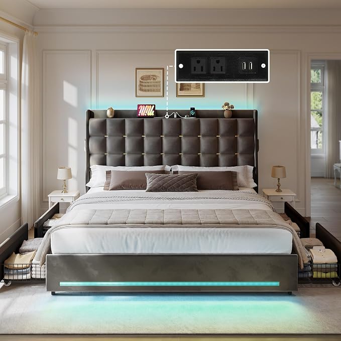 YITAHOME Queen Size Bed Frame with 4 Drawers and RGB LED Lights, Velvet Upholstered Platform Bed with Charging Station and Storage Headboard, No Box Spring Needed, Easy Assembly, Noise-Free, Dark Grey