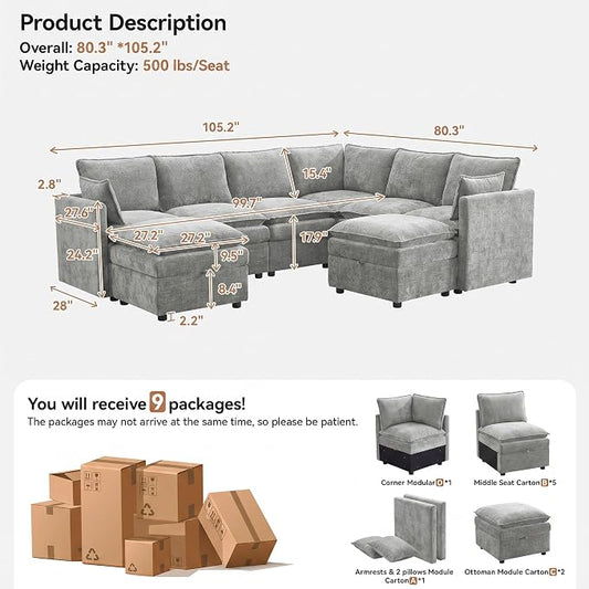 105" Light Grey Modular Storage Sofa, U Shaped Chenille Couch with Ottoman | Oversized Convertible Sectional Sofa, 6-Seat Sectional Couch With 2 Ottomans, Large Cloud Couch For Living Room, Apartment.