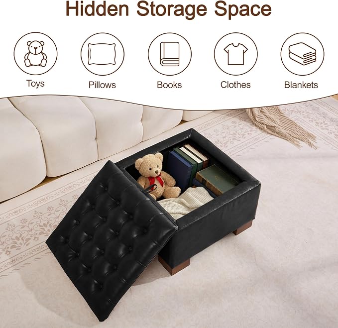 WUTUTUEE 24" Faux Leather Square Storage Ottoman with Wooden Tray, Modern Tufted Button Footstool Coffee Table, Upholstered Small Ottoman for Living Room, Bedroom, Black