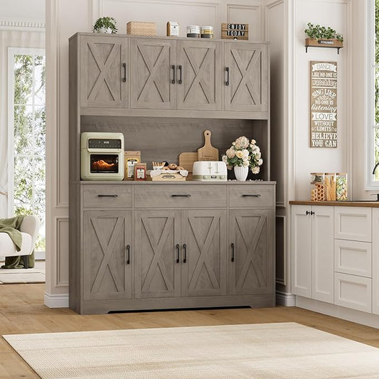 HOSTACK 71" Tall Pantry Cabinet with Charging Station, 55" Wide Kitchen Pantry Storage Cabinet with Countertop, Large Kitchen Hutch with Storage Drawers and Microwave Stand for Dining Room, Ash Grey
