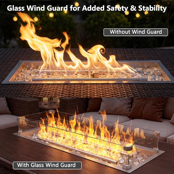 Hisencn 30 x 10 Inch Drop-in Fire Pit Kit, Premium Stainless Steel Modern Fire Trough with Tempered Glass Wind Guard, Built-in Outdoor Table Flame Feature for Patio, Backyard & Entertaining