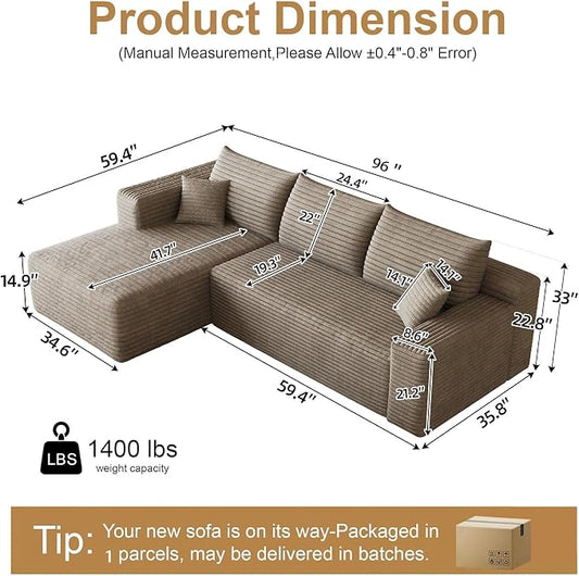 AUGOP 96" Sectional Couches for Living Room Modern Modular Sofa with L-Shape Couchs Upholstered Boneless Couch Deep Seat Sectional Couch with Chaise (Camel, 96" Left Facing Chaise+2Seaters)