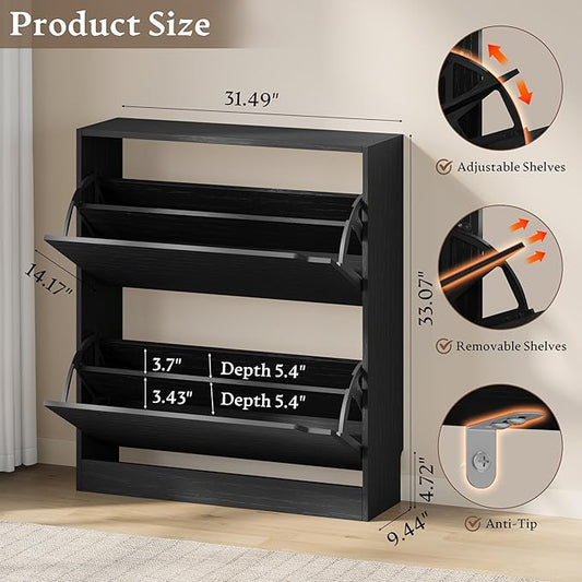 BORNOON Shoe Cabinet with 2 Flip Drawers, Slim Narrow Shoe Storage Cabinet, Freestanding Shoe Organizer with Adjustable & Removable Shelves, Top Display Shelf for Entryway, Hallway, Foyer, Closet