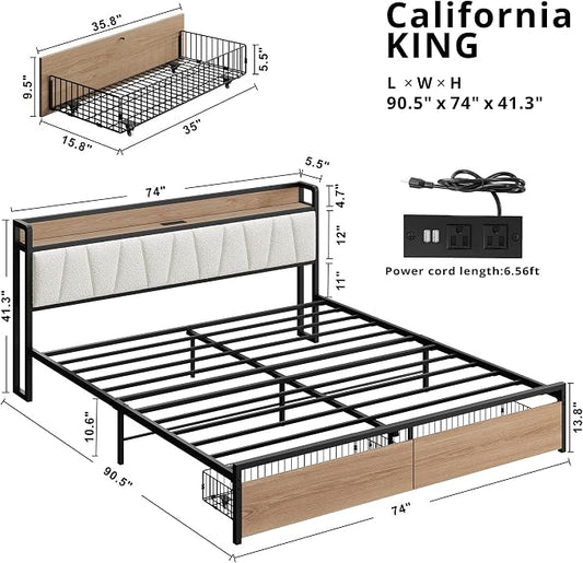 LIKIMIO California King Size Bed Frame with 2 Drawers and Charging Station | Platform Bed with Upholstered Storage Headboard, No Box Spring Needed, Easy Assembly, Sturdy, Wood and Cream